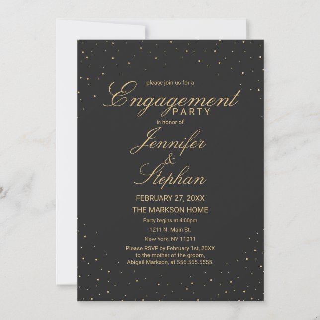 Modern Chic Gold Speckled on Black Engagement Invitation (Front)