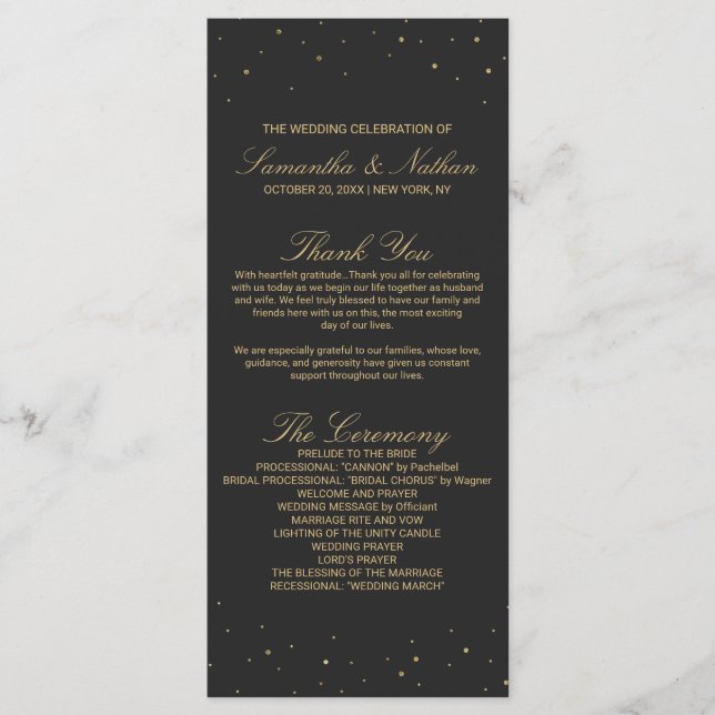 Modern Chic Gold Speckled on Black Wedding Program (Front)