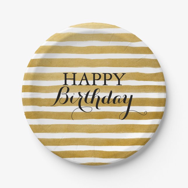 Modern Chic Gold Stripe Happy Birthday Party Paper Plates (Front)
