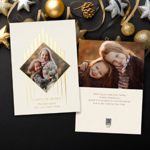 Modern Chic Gold Strokes w/Diamond-Shaped Photo Foil Holiday Card