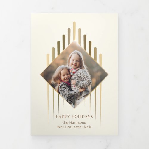 Modern Chic Gold Strokes wDiamond_Shaped Photo Tri_Fold Card