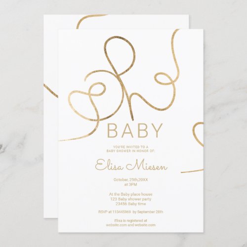 Modern chic gold white calligraphy Oh baby shower Invitation - Modern chic faux yellow gold foil calligraphy Oh baby shower on white. You can change all the colors of the illustration and text.