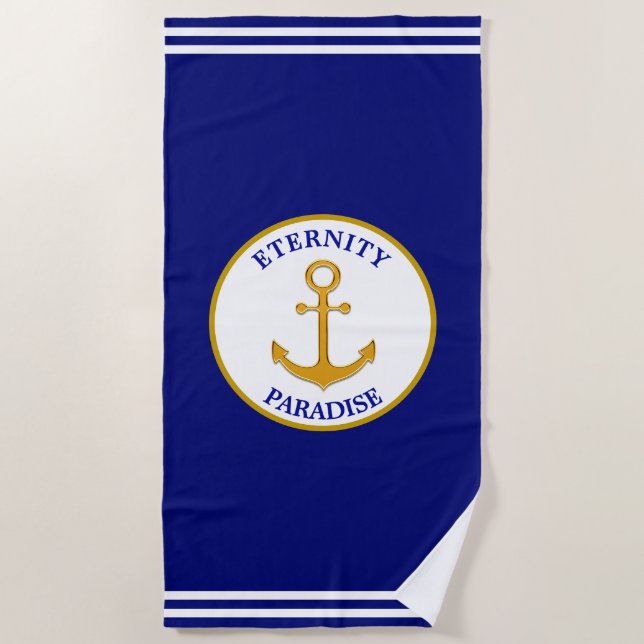 Modern chic golden anchor on blue beach towel (Front)
