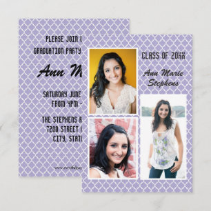 Modern Chic Grad 3 Photos Purple Quatrefoil -3x5 Invitation