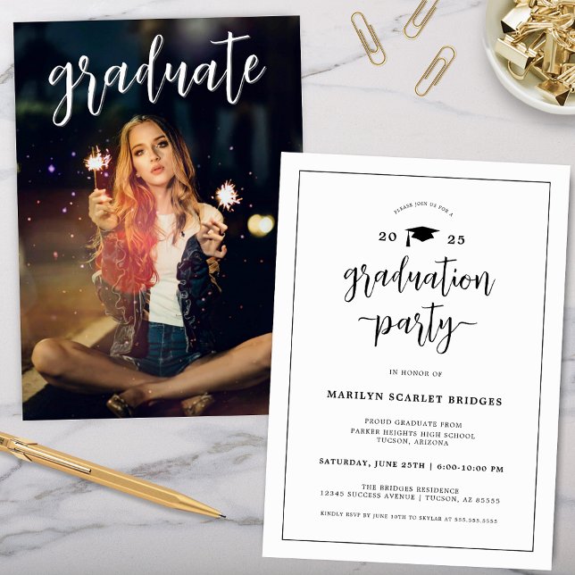 Modern Chic Graduation Invitation (simple modern chic graduation party invitation with full grad party picture on the back for college)