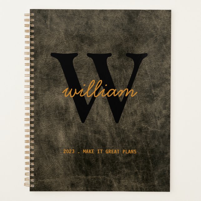 Modern chic gray leather script black monogram planner (Front)