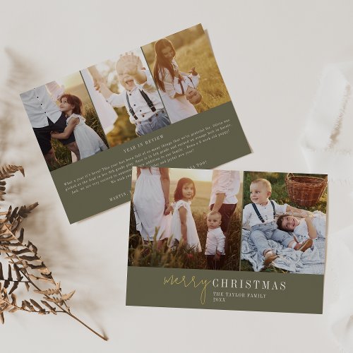 Modern Chic Green and Gold Foil Photo Collage News Foil Holiday Card