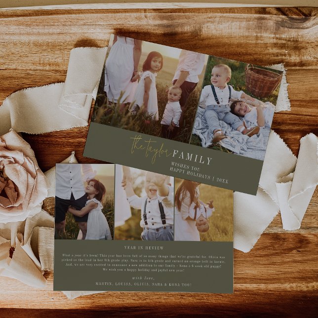 Modern Chic Green Foil Family Photo Collage News Foil Holiday Card (Creator Uploaded)