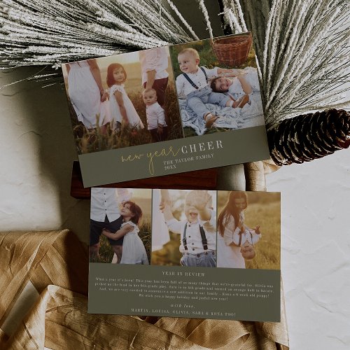 Modern Chic Green Foil Photo Collage New Year News Foil Holiday Card