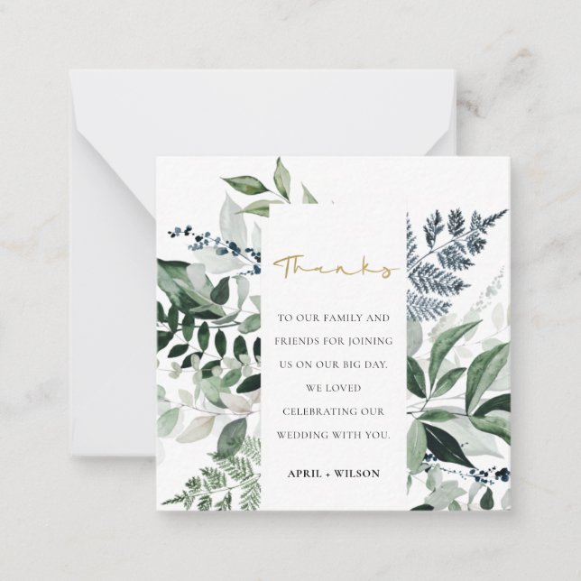 Modern Chic Green Leafy Tropical Foliage Thank You Note Card (Front)