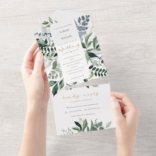 Modern Chic Green Leafy Tropical Foliage Wedding All In One Invitation