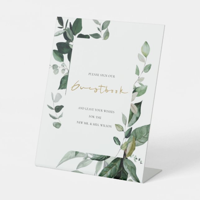 Modern Chic Green Leafy Tropical Foliage Wedding P Pedestal Sign (Front)