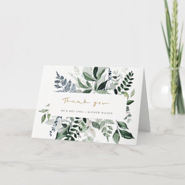 Modern Chic Green Leafy Tropical Foliage Wedding Thank You Card (Front)