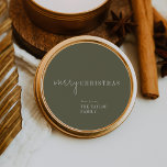 Modern Chic | Green Merry Christmas Holiday Gift Classic Round Sticker<br><div class="desc">These modern chic green Merry Christmas holiday gift stickers are perfect for a stylish holiday present or holiday card. This simple boho design features classic sophisticated calligraphy in rustic olive green and white. Personalize the stickers with your name.</div>