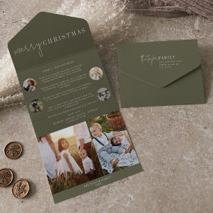 Modern Chic Green Merry Christmas Multi Photo All In One Invitation