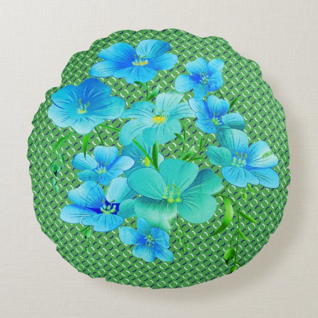 Modern Chic Green Pattern Blue Lilies Throw Pillow (Front)