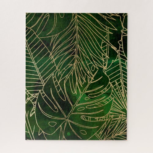 Modern chic green watercolor gold tropical leaf jigsaw puzzle