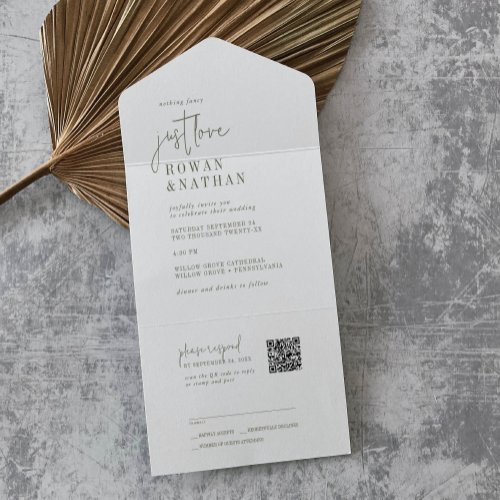 Modern Chic Green White Just Love QR Code Wedding All In One Invitation