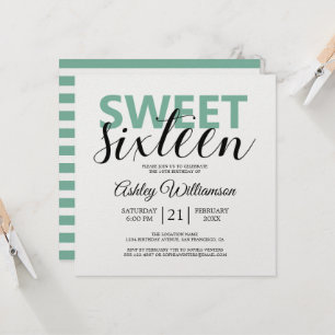 Modern Chic Green White Stripes Pink Sweet 16 Invitation