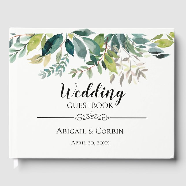 Modern Chic Greenery Bouquet Wedding Guest Book (Front)