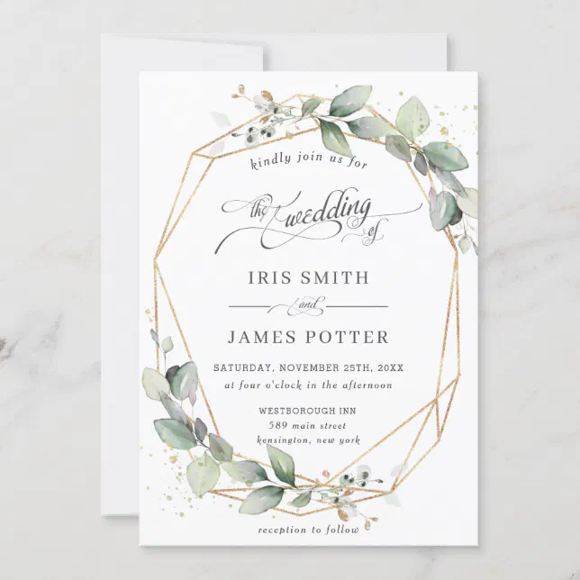 Modern Chic Greenery Leafy Gold Geometric Wedding Invitation | Zazzle