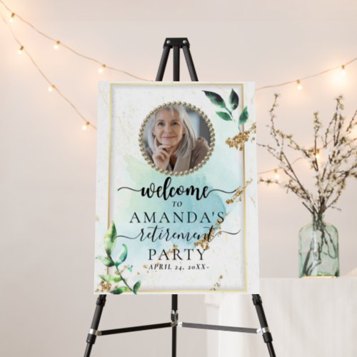 Modern Chic Greenery Photo Retirement Welcome Sign