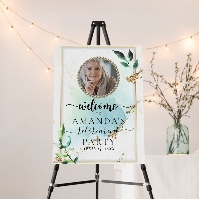Modern Chic Greenery Photo Retirement Welcome Sign (In Situ (Stand))