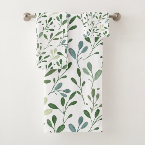 Modern Chic Greenery Watercolor Botanical Leaves Bath Towel Set