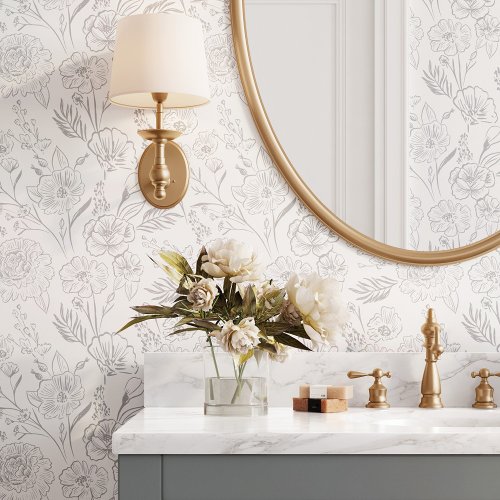 Modern Chic Grey Line Art Floral Foliage Pattern Wallpaper