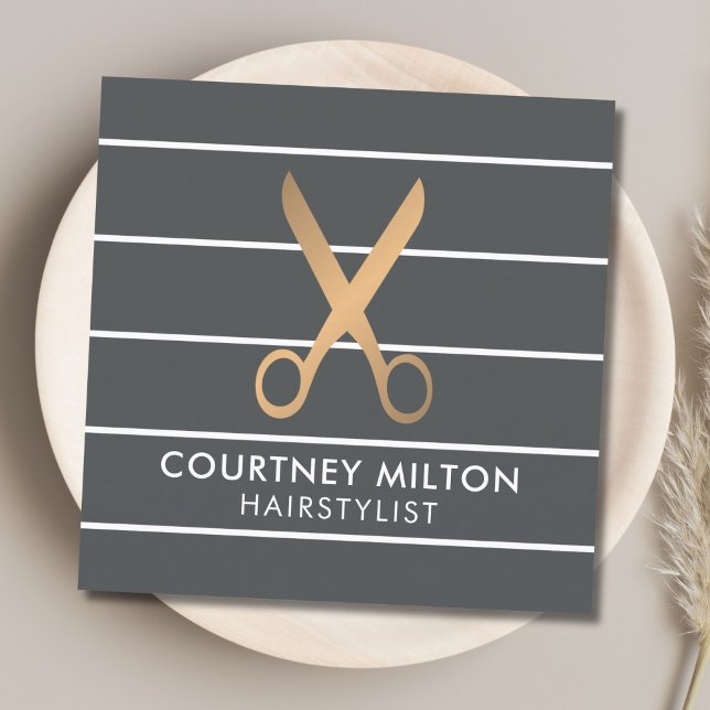 Modern Chic Grey Stripes Faux Gold Hair Stylist Square Business Card (Creator Uploaded)