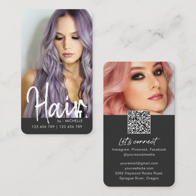 Modern chic Hair Stylish QR code photo Business Card (Front/Back)