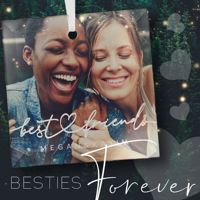 Modern Chic Heart Best Friends Besties BFF Photo Glass Ornament (Creator Uploaded)