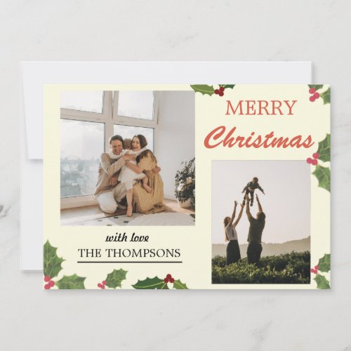 Modern Chic Holly Berries Merry Christmas 2 Photo Holiday Card