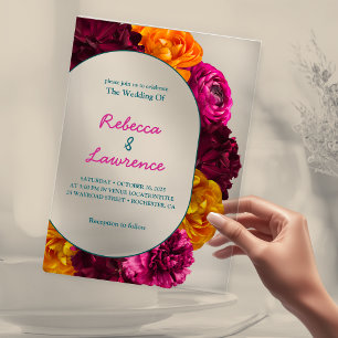 Modern chic hot pink green yellow floral wedding acrylic invitations