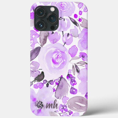 Modern chic lavender floral watercolor monogram iPhone 13 pro max case