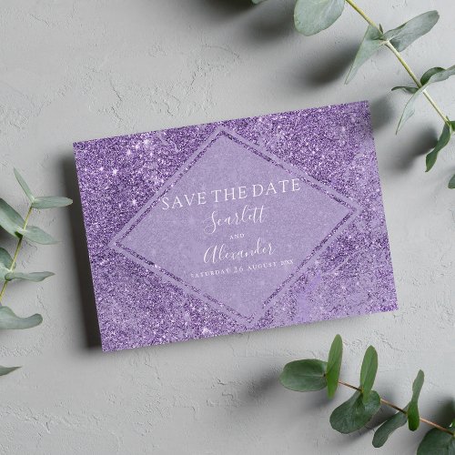 Modern chic lavender glitter marble save the date