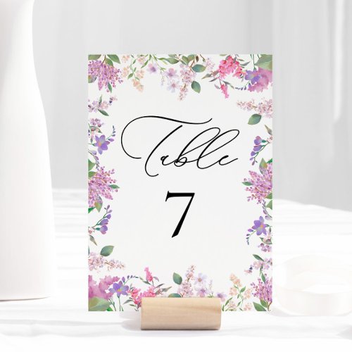 Modern Chic Lavender Purple Flowers Wedding  Table Number