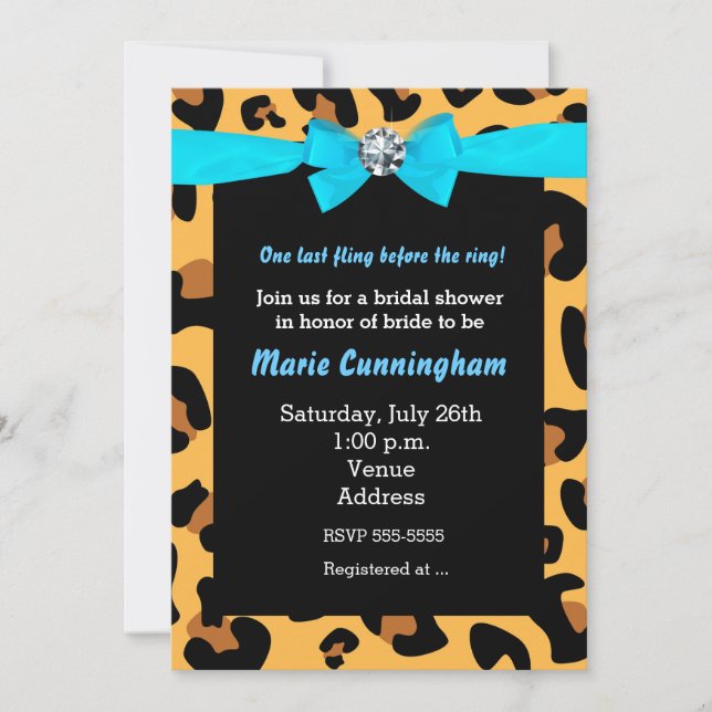 Modern Chic Leopard Print Aqua Blue Bow Party Invitation (Front)