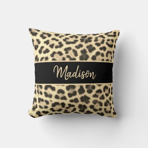 Modern Chic Leopard Print Beige Black Personalized Throw Pillow
