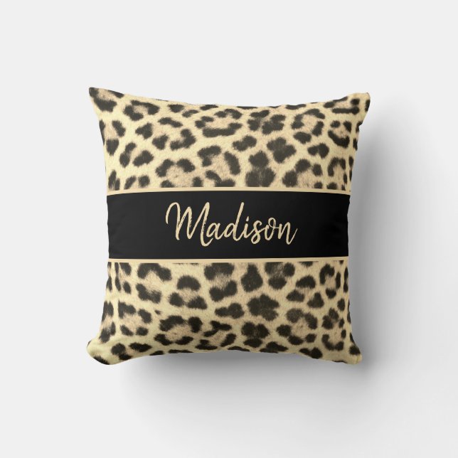 Modern Chic Leopard Print Beige Black Personalized Throw Pillow (Front)