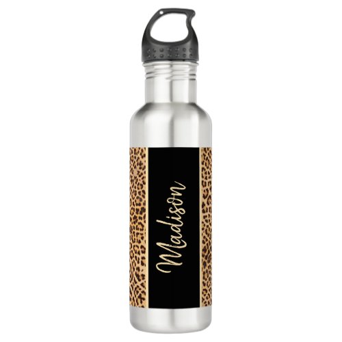 Modern Chic Leopard Print Black Personalized Stainless Steel Water Bottle