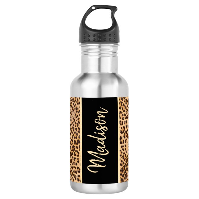 Modern Chic Leopard Print Black Personalized Stainless Steel Water Bottle (Front)