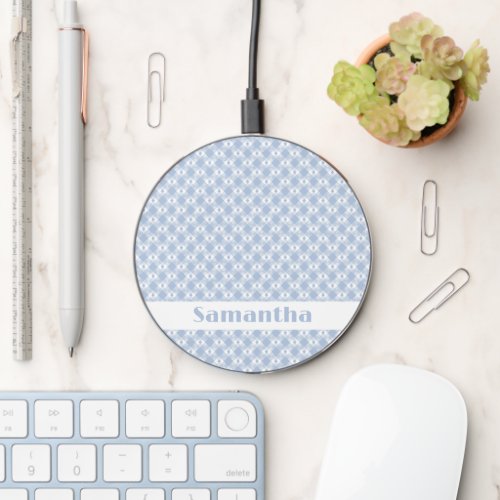 Modern Chic Light Blue Name Gingham Plaid Check Wireless Charger