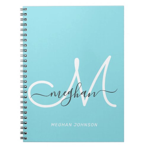 Modern Chic Light Blue White Script Monogrammed Notebook