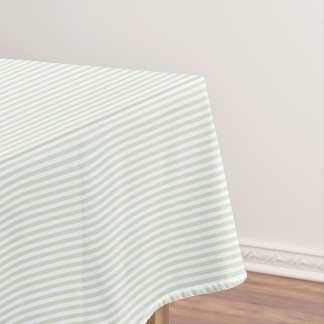 Modern Chic Light Sage Green White Striped Pattern Tablecloth (In Situ)