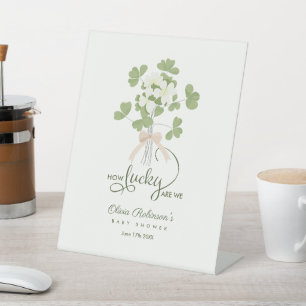 Modern Chic Lucky Shamrock with Bow baby shower Pedestal Sign