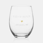 Modern Chic Made of Honor Script Gold Heart Name Stemless Wine Glass<br><div class="desc">MAID OF HONOR - Elegant.  Simple.  Minimalistic.  A beautiful personalized wine glass gift for your Bridal Party to use and then treasure the memories for ever!  Modern,  simple calligraphy text design with your Bridesmaid,  Maid of Honor,  Best man or Groomsmen's names customized.</div>