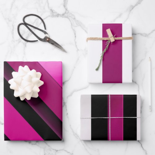 Modern Chic Magenta Black and White Striped  Wrapping Paper Sheets