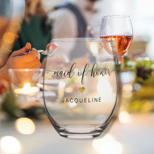 Modern Chic Maid of Honor Script Gold Heart Name Stemless Wine Glass (Creator Uploaded)