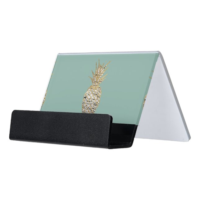 Modern Chic Marble Gold Pineapple Fruit Desk Business Card Holder (Angled Front)